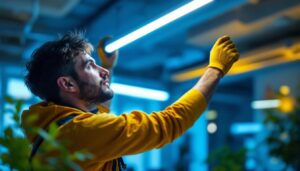 A photograph of a lighting contractor installing or adjusting dimmable led tube lights in a modern workspace