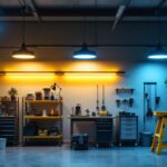 A photograph of a well-lit garage workspace showcasing various lighting fixtures installed in an organized layout