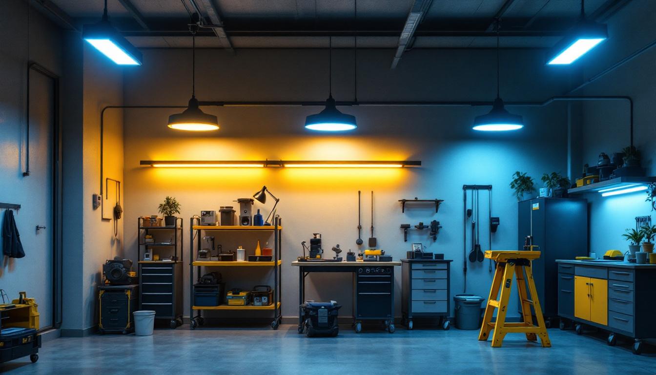 A photograph of a well-lit garage workspace showcasing various lighting fixtures installed in an organized layout