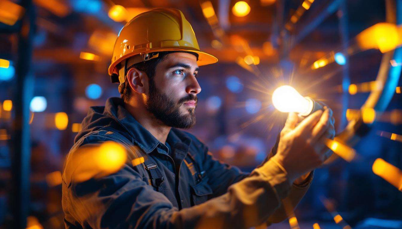 A photograph of a lighting contractor in action