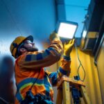 A photograph of a lighting contractor expertly installing a wallpack light fixture on a commercial building