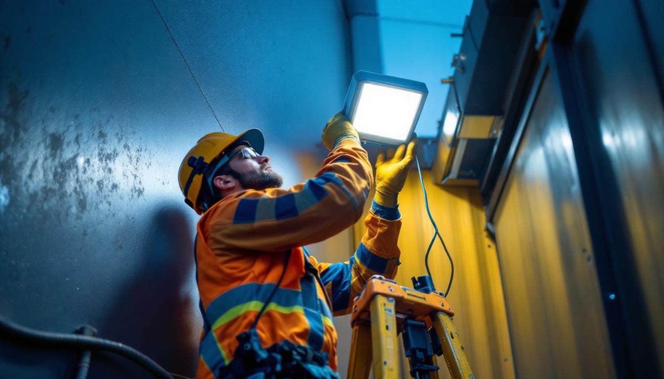 A photograph of a lighting contractor expertly installing a wallpack light fixture on a commercial building