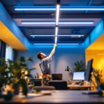 A photograph of a modern workspace featuring a lighting contractor installing linear led ceiling lights