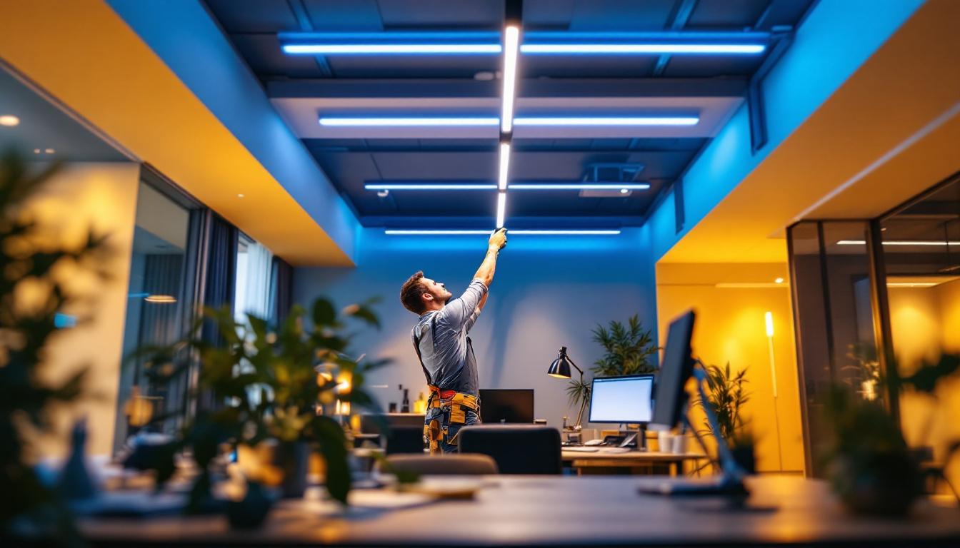 A photograph of a modern workspace featuring a lighting contractor installing linear led ceiling lights