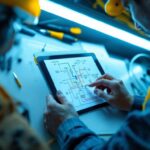 A photograph of a skilled lighting contractor working on a fluorescent lamp installation