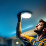A photograph of a lighting contractor skillfully installing led recessed ceiling light bulbs in a modern home setting