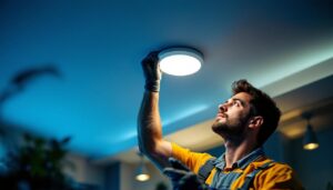 A photograph of a lighting contractor skillfully installing led recessed ceiling light bulbs in a modern home setting