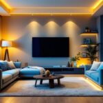 A photograph of a stylish living room featuring modern recessed lighting