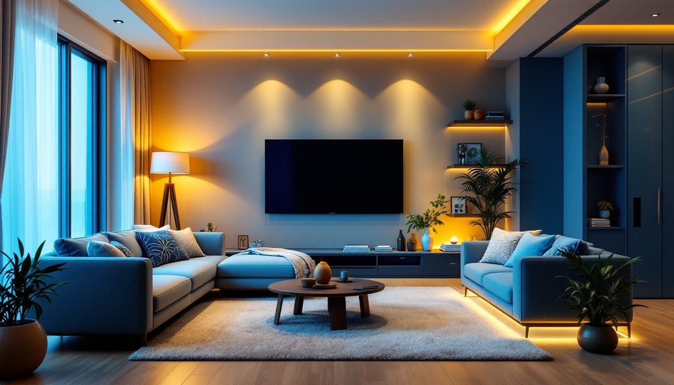 A photograph of a stylish living room featuring modern recessed lighting