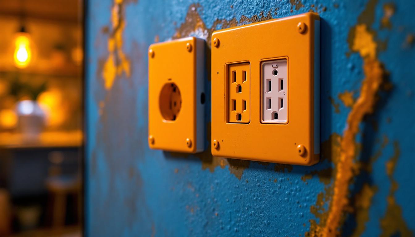 A photograph of a close-up of vibrant orange electrical outlets installed in a stylish interior setting
