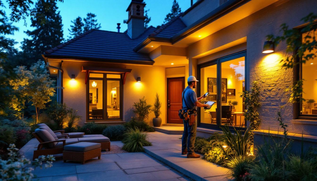 A photograph of a skilled lighting contractor installing exterior recessed lights in a beautifully landscaped outdoor setting