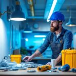A photograph of a lighting contractor installing a led conversion kit in a commercial space