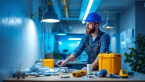 A photograph of a lighting contractor installing a led conversion kit in a commercial space