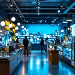 A photograph of a well-lit led lighting shop showcasing a variety of modern led fixtures