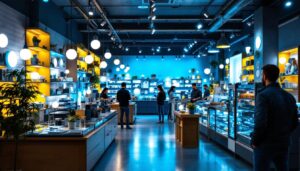 A photograph of a well-lit led lighting shop showcasing a variety of modern led fixtures