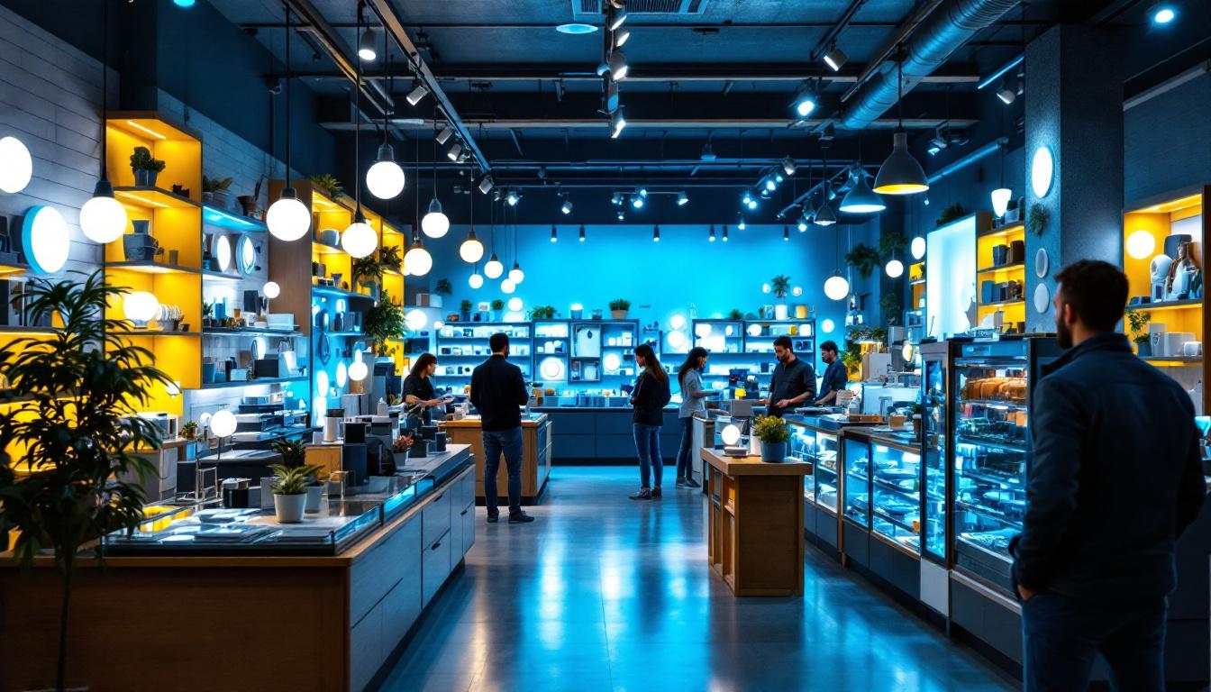 A photograph of a well-lit led lighting shop showcasing a variety of modern led fixtures