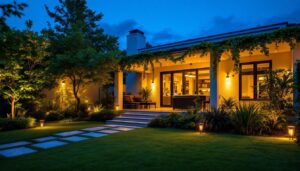 A photograph of a beautifully illuminated outdoor space featuring inexpensive solar lights