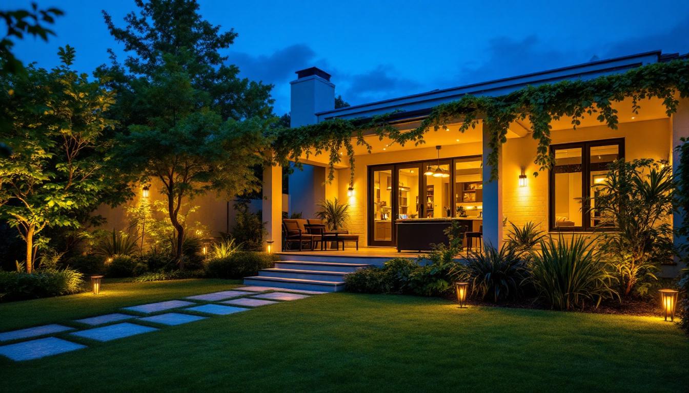 A photograph of a beautifully illuminated outdoor space featuring inexpensive solar lights