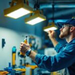 A photograph of a well-lit workshop or garage environment showcasing multiple linkable led shop lights in use