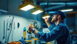 A photograph of a well-lit workshop or garage environment showcasing multiple linkable led shop lights in use