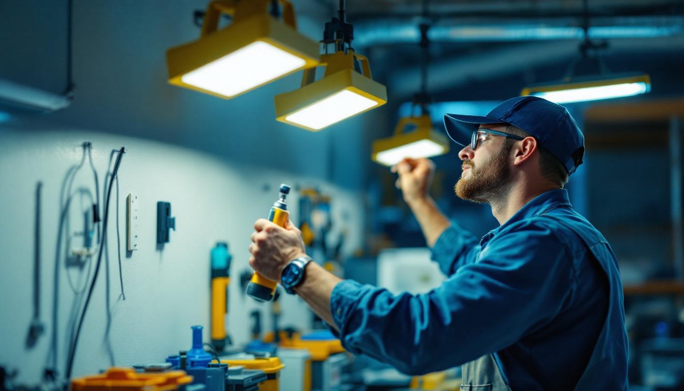 A photograph of a well-lit workshop or garage environment showcasing multiple linkable led shop lights in use