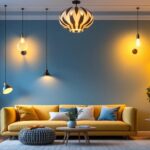 A photograph of a beautifully designed room featuring a variety of stylish ceiling light fixtures