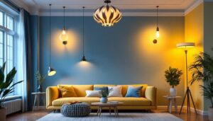 A photograph of a beautifully designed room featuring a variety of stylish ceiling light fixtures