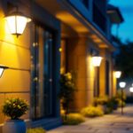 A photograph of a well-lit outdoor space featuring various solar security lights in action