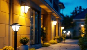 A photograph of a well-lit outdoor space featuring various solar security lights in action