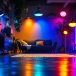 A photograph of a well-lit room featuring various colored can lights in action