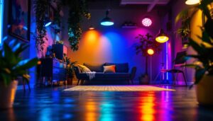 A photograph of a well-lit room featuring various colored can lights in action