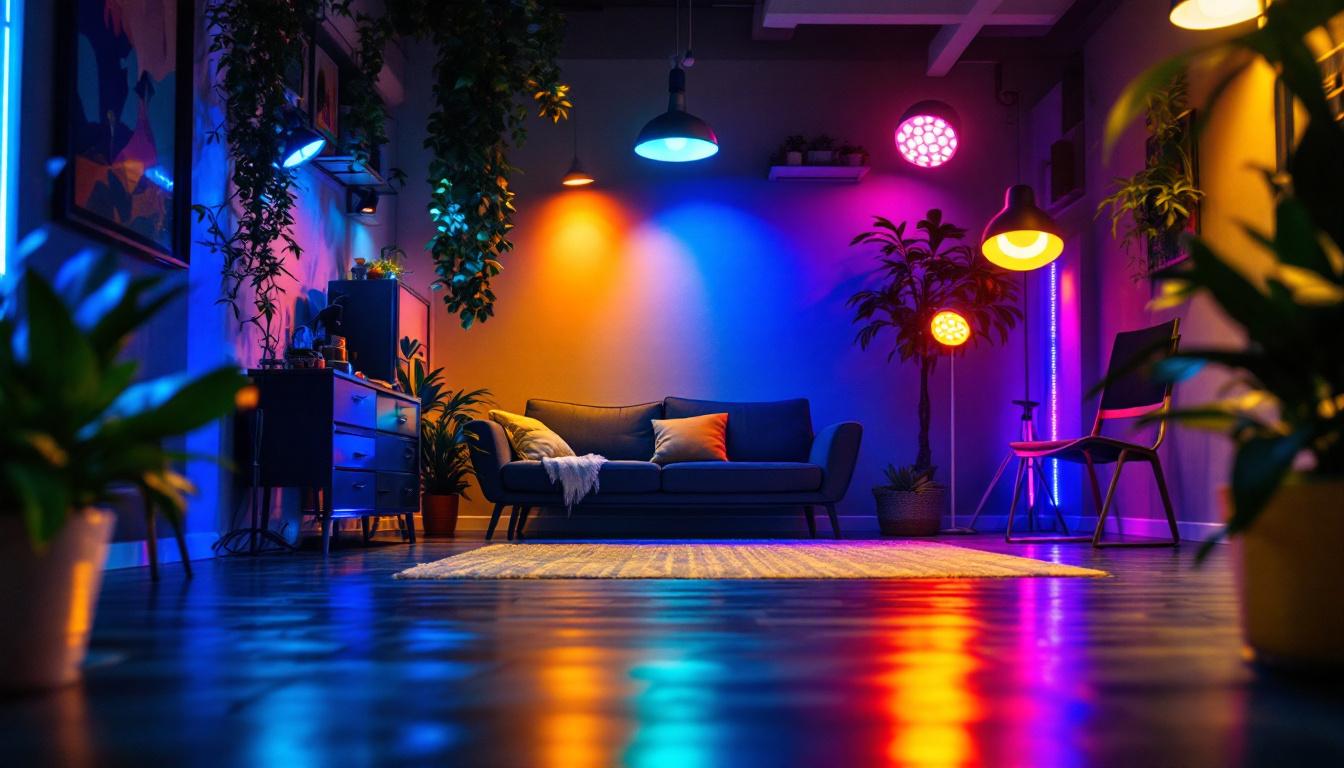 A photograph of a well-lit room featuring various colored can lights in action