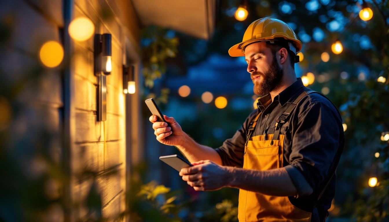 A photograph of a lighting contractor installing solar-powered lights in a residential outdoor space
