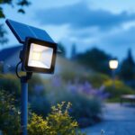 A photograph of a solar-powered flood light installed in a landscaped outdoor setting at dusk