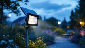 A photograph of a solar-powered flood light installed in a landscaped outdoor setting at dusk