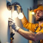 A photograph of a skilled lighting contractor expertly wall mounting a stylish light fixture in a modern interior setting