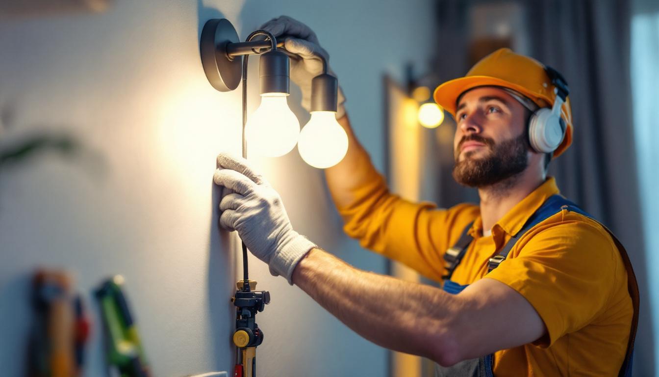 A photograph of a skilled lighting contractor expertly wall mounting a stylish light fixture in a modern interior setting
