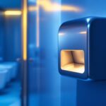 A photograph of a modern commercial bathroom featuring a sleek hand dryer in action