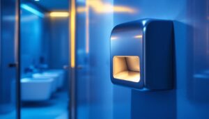 A photograph of a modern commercial bathroom featuring a sleek hand dryer in action