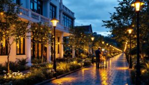 A photograph of a beautifully illuminated outdoor space featuring stylish electric post lights