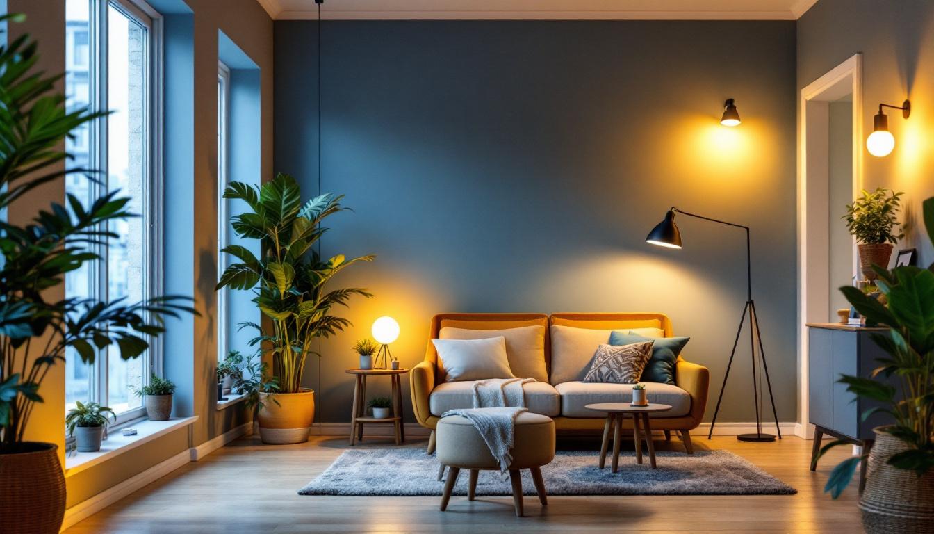 A photograph of a stylish indoor space featuring various energy-efficient up lighting fixtures