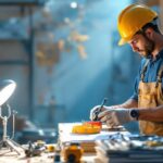 A photograph of a lighting contractor at work