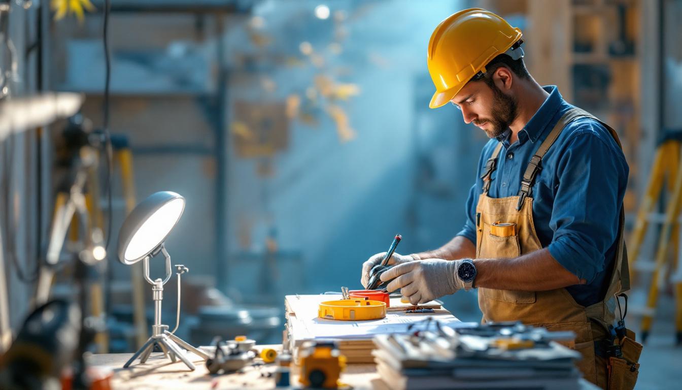 A photograph of a lighting contractor at work
