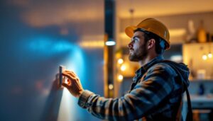 A photograph of a lighting contractor installing an occupancy/vacancy sensor switch in a modern residential setting