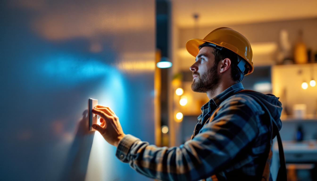 A photograph of a lighting contractor installing an occupancy/vacancy sensor switch in a modern residential setting