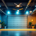 A photograph of a well-lit garage interior showcasing various lighting installations