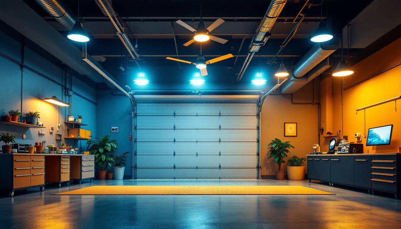 A photograph of a well-lit garage interior showcasing various lighting installations