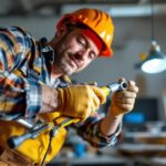 A photograph of a skilled lighting contractor expertly installing a slip fitter on a high-quality lighting fixture