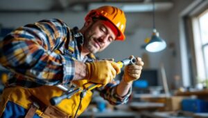 A photograph of a skilled lighting contractor expertly installing a slip fitter on a high-quality lighting fixture