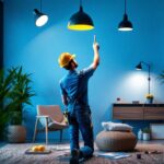 A photograph of a lighting contractor installing various types of can lights in a stylish interior space